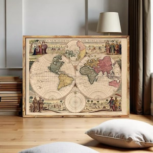 Old World Map 1686 Two Hemispheres Vintage World Map  | Vintage World Map