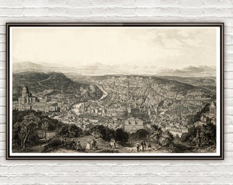 Old Panoramic View of Rome City. engraving. Italy 1860 Vatican  | Vintage Poster Wall Art Print |