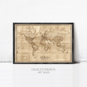 May include: A framed vintage-style world map print in sepia tones, featuring Bartholomew's Chart of The World with Mercator projection. The map displays detailed continents, oceans, and shipping routes, enclosed in a dark, textured wooden frame.