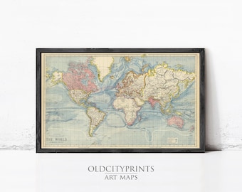 World Map | Antique Mercator Projection With Polar Insets