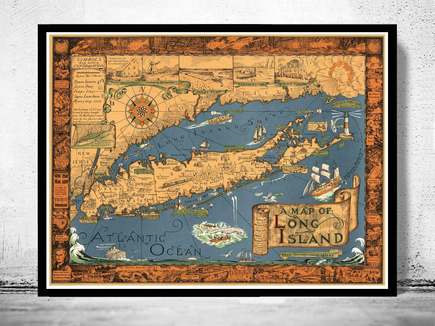 Old Map of Long Island 1933 Vintage Map | Vintage Map Wall Art Print | Large Map Print | Home Decor Wall Art