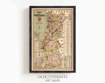 Old Map of Portugal Mapa de Portugal, Portuguese map  | Vintage Map Wall Art Print | Large Map Print | Home Decor Wall Art