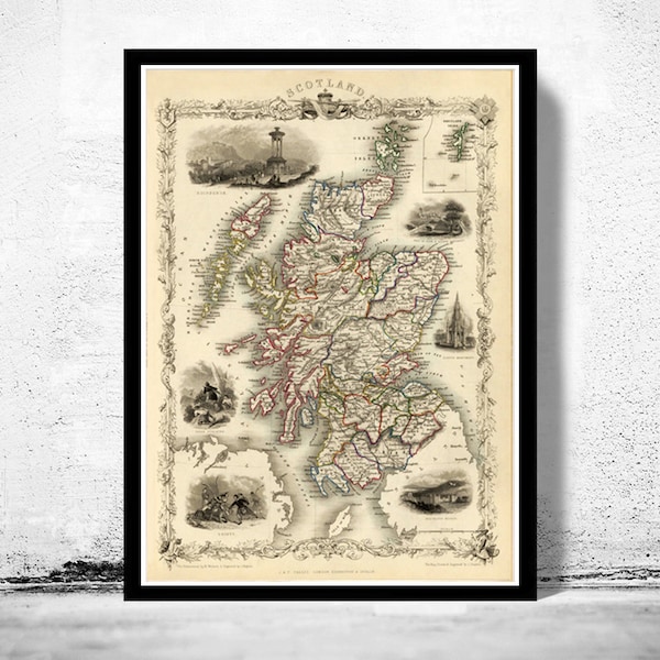 Ancienne carte de l'Écosse, style vintage, 1851, carte | Affiche d'art mural vintage | Impression de carte murale | Ancienne impression de carte
