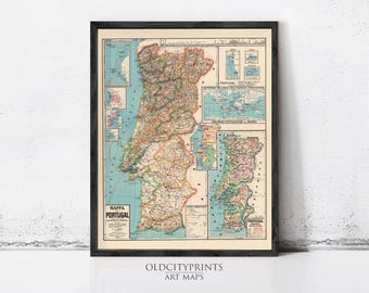 1929 Portugal Map Print | Vintage Portuguese Wall Art Decor