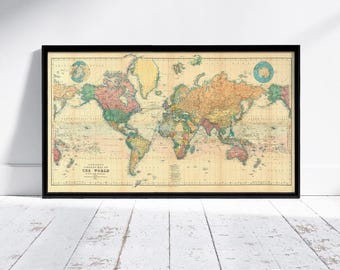 Beautiful World Map Vintage Atlas 1898 Mercator projection  | World Map Gift World Map Print | Vintage World Map | World Map Wall Art