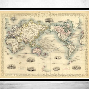 Old World Map Atlas Vintage World Map 1851 Mercator projection  | World Map Gift World Map Print | Vintage World Map | World Map Wall Art