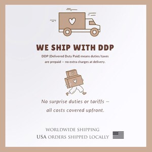 The image is a simple illustration that includes a truck carrying a package and a person carrying a package. The text above the image states that the company ships with DDP (Delivered Duty Paid) and that no surprise duties or Tariffs are covered upfront. The company is worldwide shipping USA orders shipped locally.