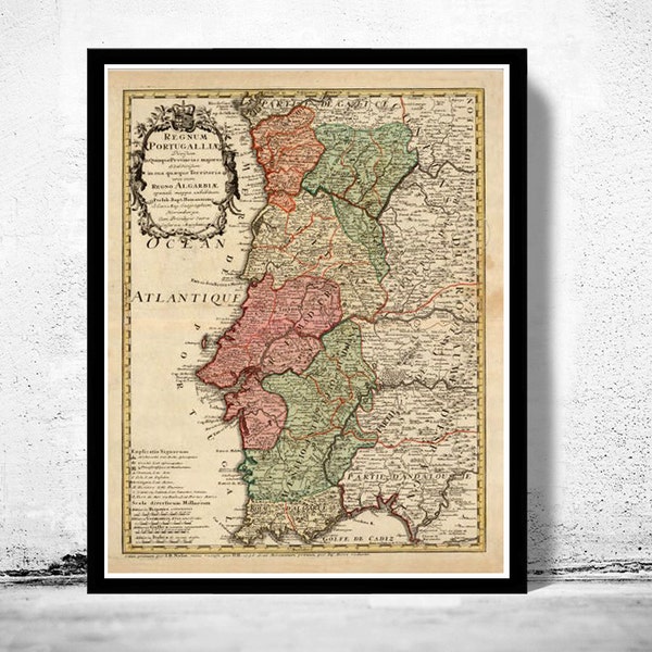 Ancienne carte du Portugal 1736 Mapa de Portugal Carte portugaise vintage | Affiche d'art mural vintage | Impression de carte murale | Ancienne impression de carte