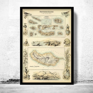 Old Map of Açores Azores and Madeira Islands 1876, Portuguese islands Vintage Poster Wall Art Print Wall Map Print Old Map Print image 1