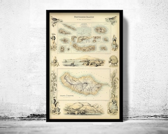 Old Map of Açores Azores and Madeira Islands 1876,  Portuguese islands  | Vintage Poster Wall Art Print | Wall Map Print |  Old Map Print