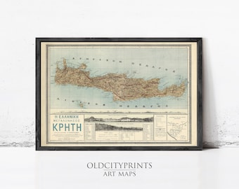 May include: A framed vintage map of Crete, Greece, featuring detailed topography, coastal outlines, and Greek text. The map includes a title block reading H ΕΛΛΗΝΙΚΗ ΜΕΓΑΛΟΝΗΣΟΣ ΚΡΗΤΗ, smaller inset illustrations of landscapes, and a legend in a black frame.