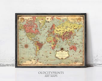 Vintage World Map Print | 1931 Antique Mercator Projection Wall Art Atlas Print