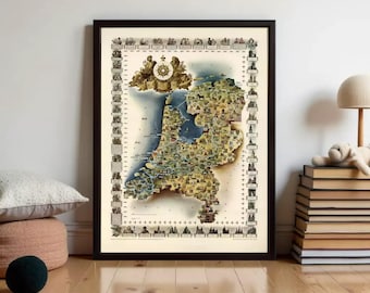 May include: A framed vintage-style pictorial map of the Netherlands featuring detailed illustrations of regional landmarks, local wildlife, and cultural icons, surrounded by a decorative border of small architectural sketches and historical motifs.