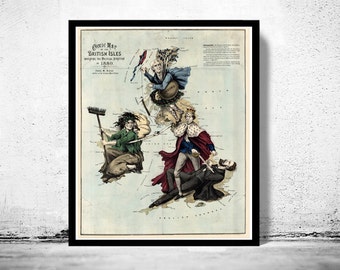 Old Map of United Kingdom 1880 British Isles Comic Map | Vintage Poster Wall Art Print | Wall Map Print |  Old Map Print