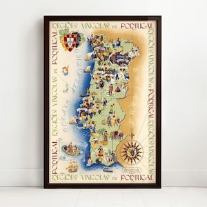 Wine Map of Portugal 1958 Vintage Mapa de Portugal Mapa de Vinhos | Vintage Map Wall Art Print | Large Map Print | Home Decor Wall Art