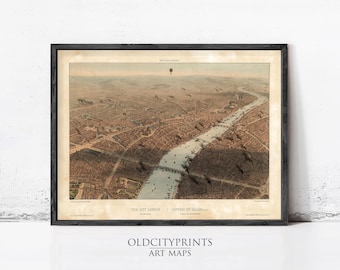 May include: A framed vintage aerial map print of London featuring the River Thames, city streets, and a hot air balloon in the sky. The print has a sepia-toned aesthetic with the text THE CITY LONDON printed at the bottom centre of the image.
