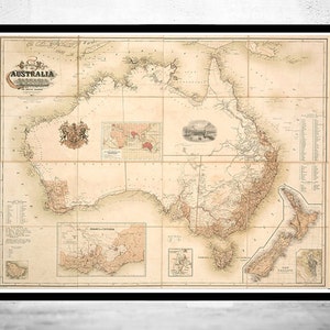 Old Map Australia Oceania New Zealand Antique 1857 Vintage Map  | Vintage Poster Wall Art Print | Wall Map Print |  Old Map Print