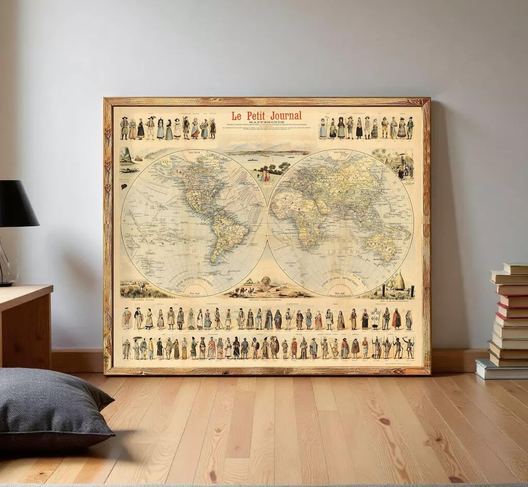 Vintage World Map Antique Atlas 1900 Folklore Map of the World