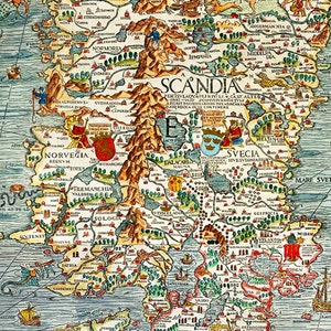 Old Vintage Map of Norway Sweden Scandinavia Antique Norwegen 1529 Olaus Magnus' detailed map of Scandinavia Wall Map Print image 3