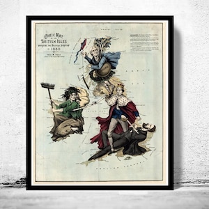 Old Map of United Kingdom 1880 British Isles Comic Map | Vintage Map Wall Art Print | Large Map Print | Home Decor Wall Art