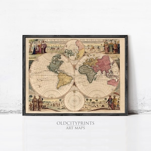 May include: A framed vintage-style map titled A NEW MAPP OF THE WORLD featuring two large circular hemispheres, smaller polar projections, and decorative illustrations of figures in historical attire. The continents are colored in muted tones.