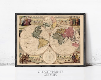 1686 Two Hemispheres World Map Print | Vintage Old World Cartography Wall Art