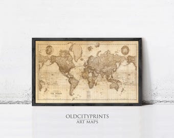 Vintage World Map 1898 Print – Mercator Projection Sepia Antique Wall Art