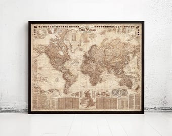 1908 Mercator Projection World Map Print | Vintage Sepia Atlas Wall Art