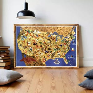 May include: A rectangular wall art print featuring a stylized map of the United States titled William Gropper's America Its Folklore. The map is filled with colorful illustrations of various folk characters, animals, and ships on a gold background.