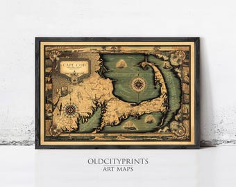 May include: Framed vintage map of Cape Cod, featuring a detailed illustration in shades of tan and green. The map includes compass roses and nautical elements, with the text "CAPE COD" at the top. The frame is black, and the text "OLDCITYPRINTS ART MAPS" is at the bottom.