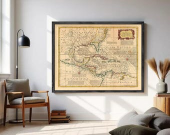 May include: A framed vintage map of the Caribbean and Gulf of Mexico featuring beige parchment paper, black ink cartography, and red accents. The map displays the Western or Atlantic Ocean with detailed coastlines and text labels.
