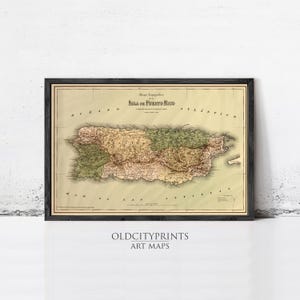 The image is a framed vintage map of Puerto Rico, depicting the island and surrounding areas.
