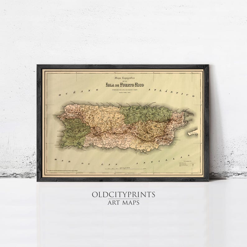 The image is a framed vintage map of Puerto Rico, depicting the island and surrounding areas.