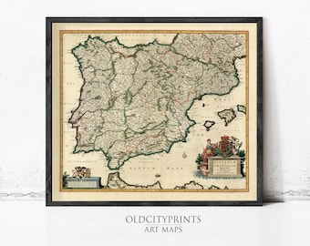 Vintage Map of Spain Portugal 1640 | Old Print Wall Art Decor Poster