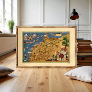 a large, colorful map of a region, possibly a country or region, displayed in a wooden frame on a wooden floor.