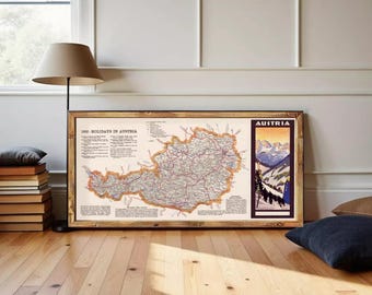 Könnte beinhalten: Gerahmte Vintage-Karte von Österreich mit detaillierter kartografischer Darstellung. Die Karte befindet sich in einem Holzrahmen und enthält Text in englischer Sprache sowie eine farbenfrohe Illustration von Bergen und Skifahrern. Die Karte wird auf einem Holzboden präsentiert.