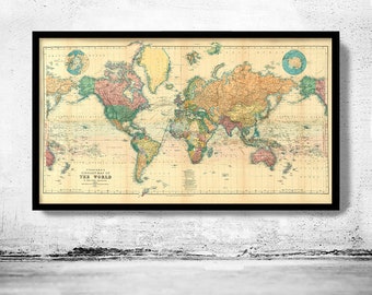 Beautiful World Map Vintage Atlas 1898 Mercator projection  | World Map Gifts World Map Print | Vintage World Map | World Map Wall Art