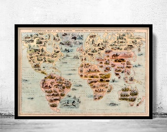 Old Zoological Map of The World 1844 Vintage Poster Animals of the World zoology map| Vintage World Map Wall Map Print