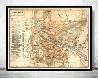 Ancienne carte de Salzbourg, Autriche 1909 | Affiche d'art mural vintage | Impression de carte murale | Ancienne impression de carte