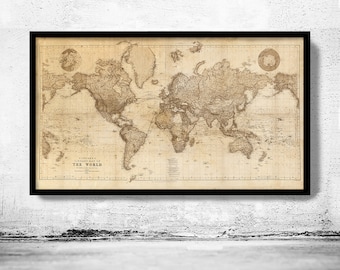 Belle carte du monde vintage Atlas 1898 projection Mercator SEPIA | Cadeaux de carte du monde Impression de carte du monde | carte du monde vintage | Art mural carte du monde