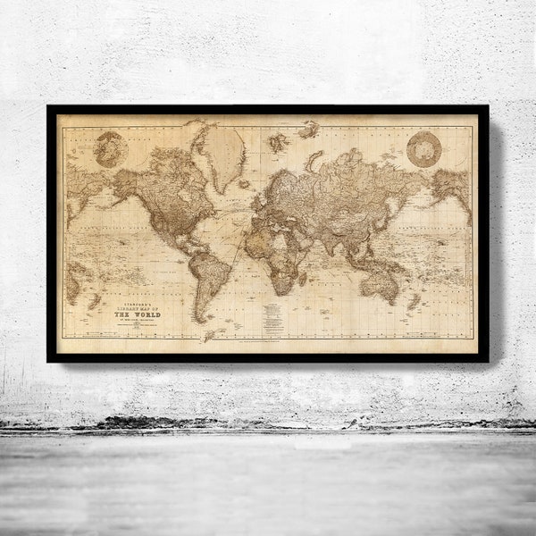 Wunderschöne Weltkarte Vintage Atlas 1898 Mercator-Projektion SEPIA | Weltkarte Geschenke Weltkarte drucken | Vintage Weltkarte | Weltkarten-Wandkunst