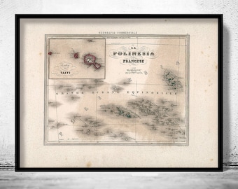 Ancienne carte de la Polynésie française, 1858 | Affiche d'art mural vintage | Impression de carte murale | Ancienne impression de carte