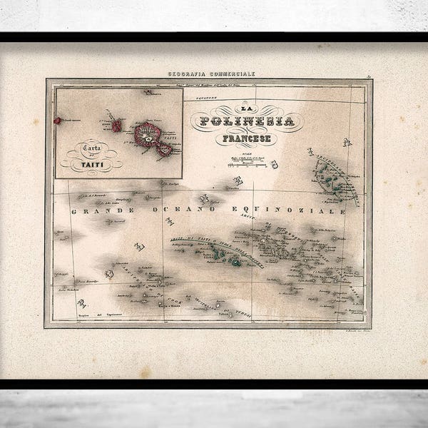 Old French Polynesia Map Antique 1858  | Vintage Poster Wall Art Print | Wall Map Print |  Old Map Print