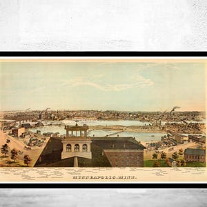 Vintage Panoramic of Minneapolis 1874 | Large Map Print | Home Decor Wall Art