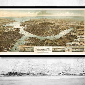 Norfolk Virginia 1892 Panoramic View Vintage Poster | Vintage Map Wall Art Print | Large Map Print | Home Decor Wall Art