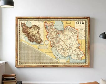 Old Map of Iran Road Map Vintage Map of Iran| Wall Map Print