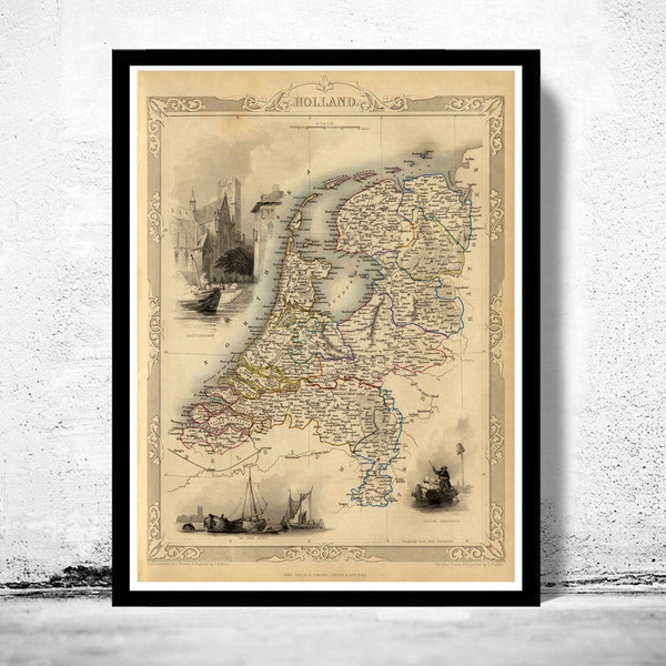 Mappa vintage dei Paesi Bassi Hollandia Holland 1851 / Stampa artistica da parete con poster vintage /