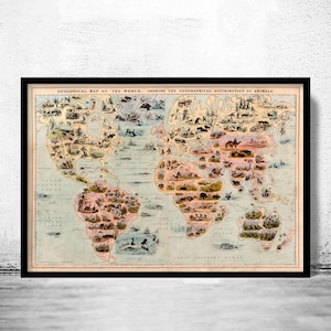 Old Zoological Map of The World 1844 Vintage Poster Animals of the World zoology map | Animal World Map Wall Map Print | Large Poster Print
