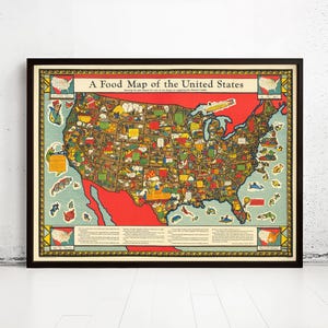 Food Map of the United States Vintage Map 1932 Vintage Poster | Vintage Map Wall Art Print | Large Poster Print | Home Decor Wall Art