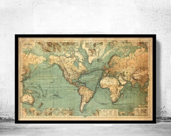 Grande carte du monde vintage en 1882 | Cadeaux de carte du monde Impression de carte du monde | carte du monde vintage | Art mural carte du monde